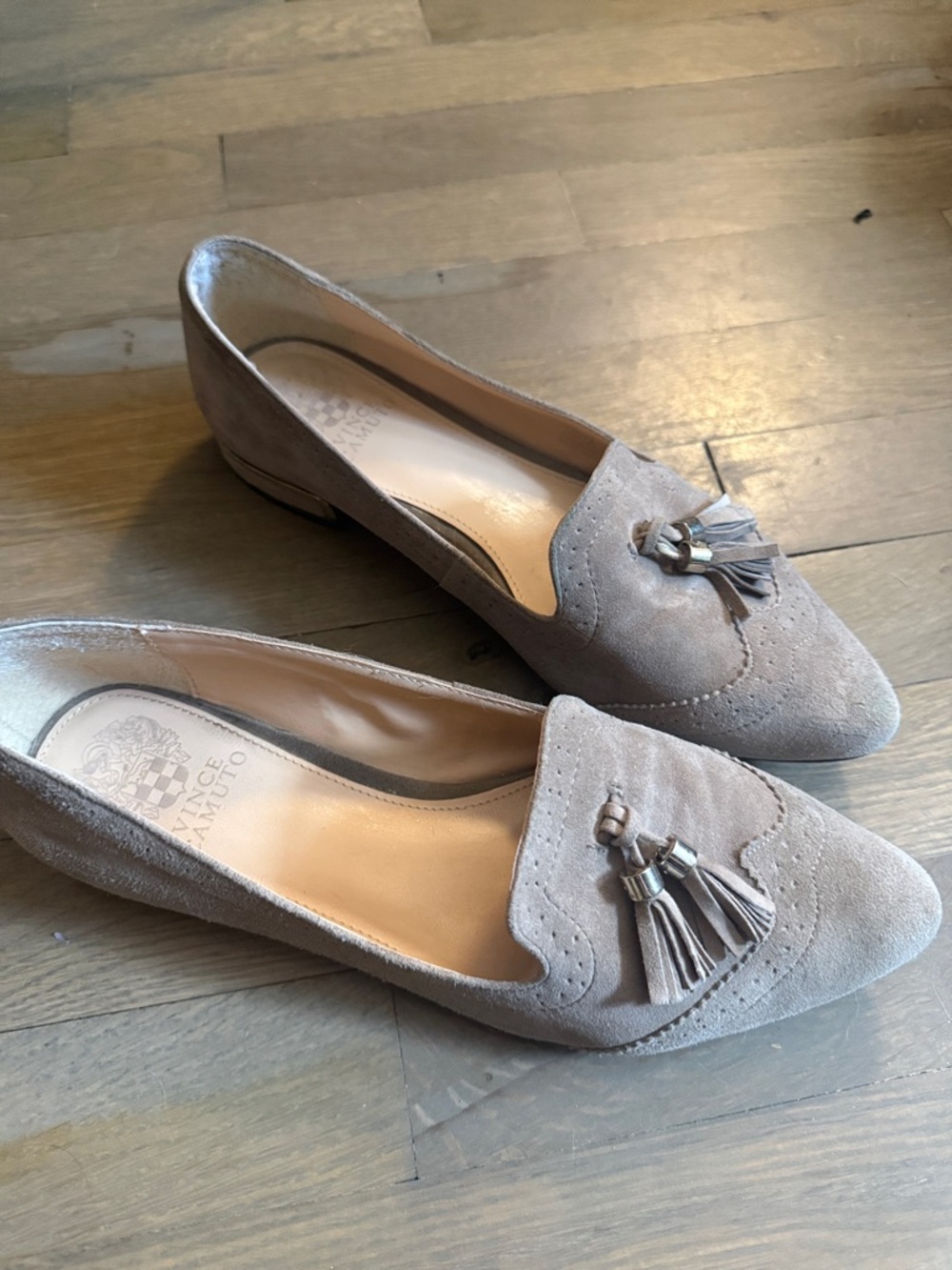 Vince Taupe Suede Tassel Loafers
